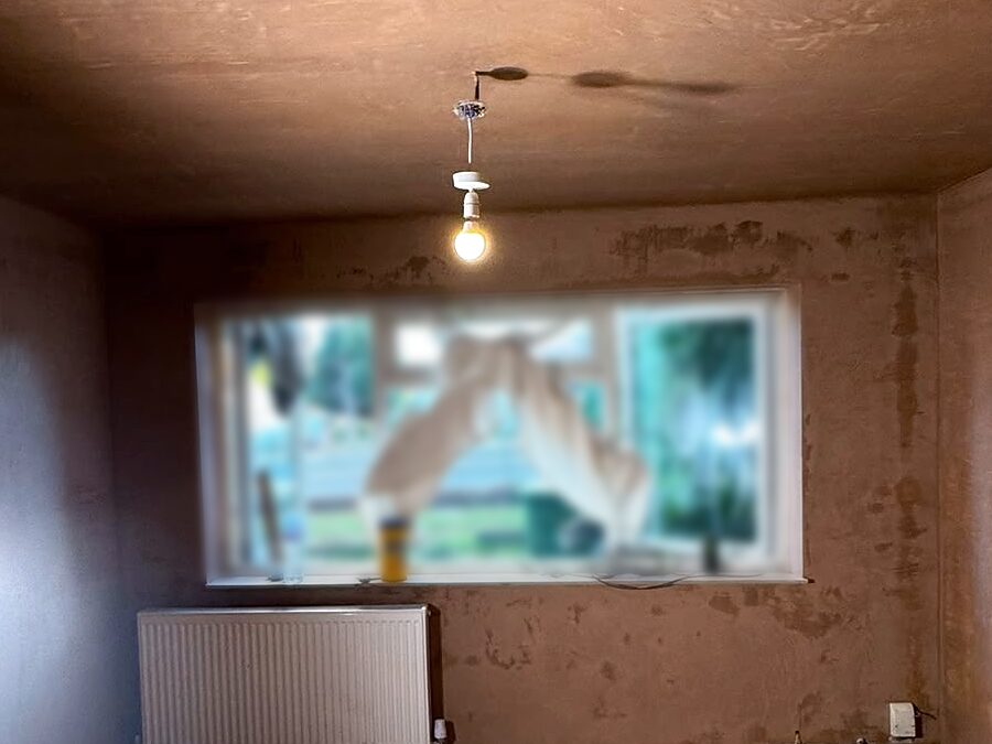 Freshly skimmed walls and ceiling, ready for decorating